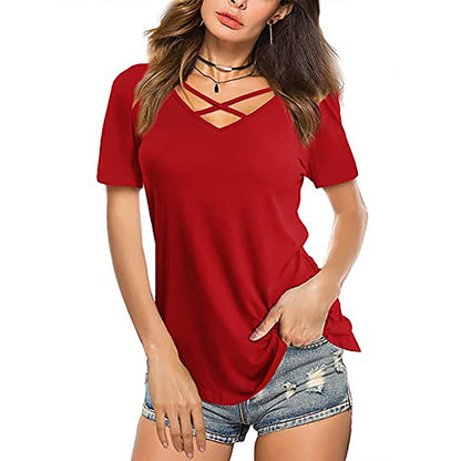 best Front Cross VNeck Short Sleeve Loose TShirt Women T-Shirt shop online at M2K Trends for