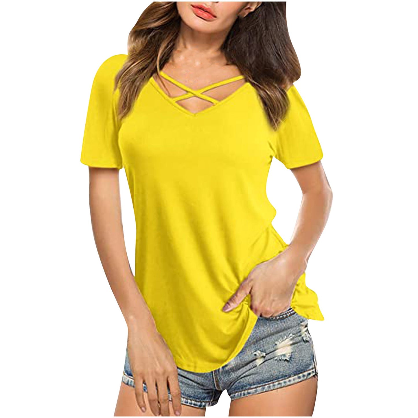 best Front Cross VNeck Short Sleeve Loose TShirt Women T-Shirt shop online at M2K Trends for