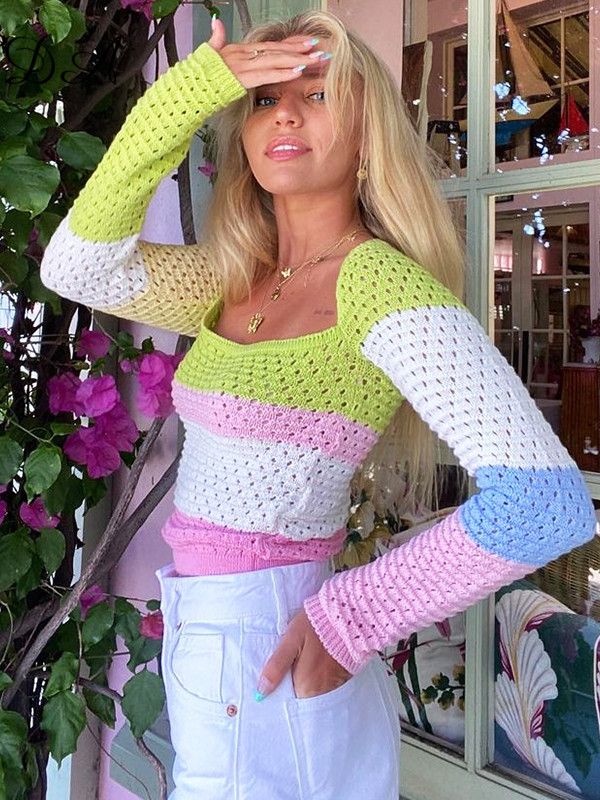 best FSDA Knitted Long Sleeve Crop Top Women Beach Autumn Summer Patchwork Vintage Green Casual T Shirts Sexy Fashion 0 shop online at M2K Trends for