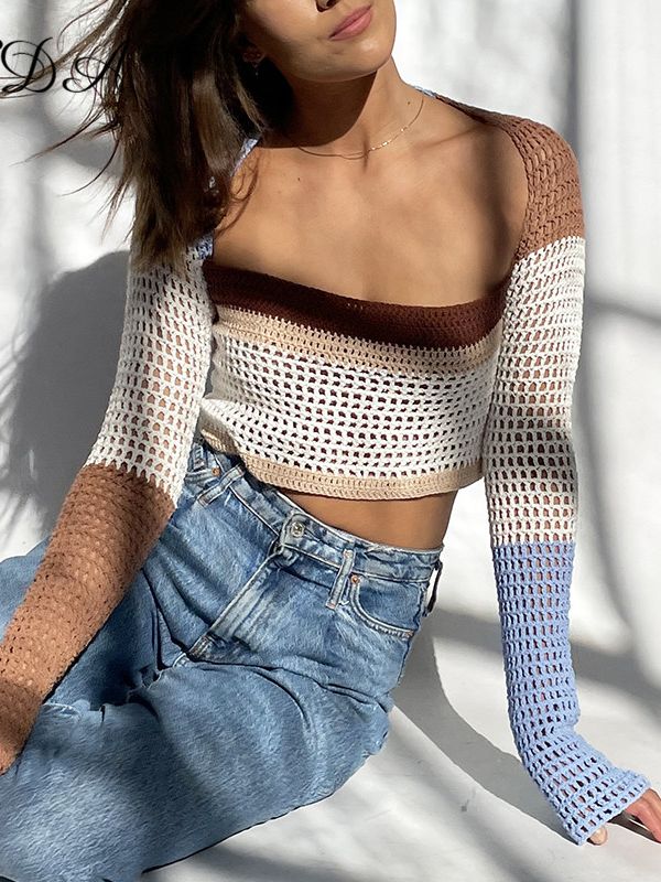 best FSDA Knitted Long Sleeve Crop Top Women Beach Autumn Summer Patchwork Vintage Green Casual T Shirts Sexy Fashion 0 shop online at M2K Trends for