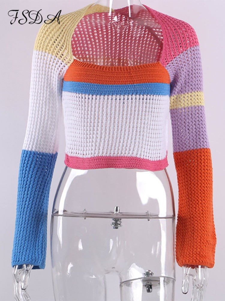 best FSDA Knitted Long Sleeve Crop Top Women Beach Autumn Summer Patchwork Vintage Green Casual T Shirts Sexy Fashion 0 shop online at M2K Trends for