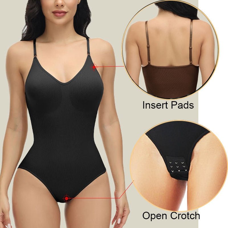 best GUUDIA V Neck Spaghetti Strap Bodysuits Compression Body Suits Open Crotch Shapewear Slimming Body Shaper Smooth Out Bodysuit 0 shop online at M2K Trends for