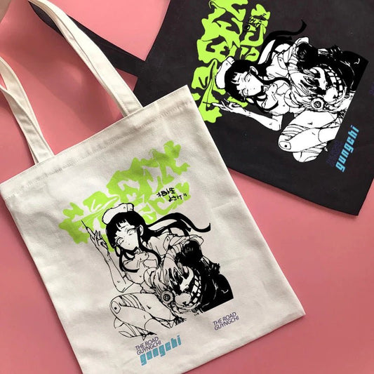 best Harajuku Anime Graphic Ladies Shopping Bag Handbags Kawaii Cloth Canvas Tote Bags Women Y2k Reusable Shoulder Shopper Bags сумка shop online at M2K Trends for