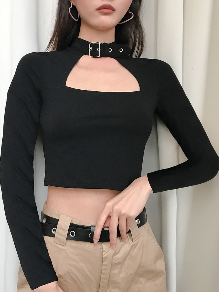 best Cut Out Black Crop T Shirt Gothic Casual Basic Woman T shirt Tops Long Sleeve Tee Shirt Women Cool Streetwear 0 shop online at M2K Trends for