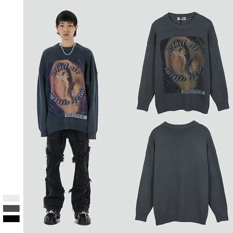 best High Street Retro Printed Sweater Men's Trendy Brand Design Sense Loose Knitted Top 0 shop online at M2K Trends for