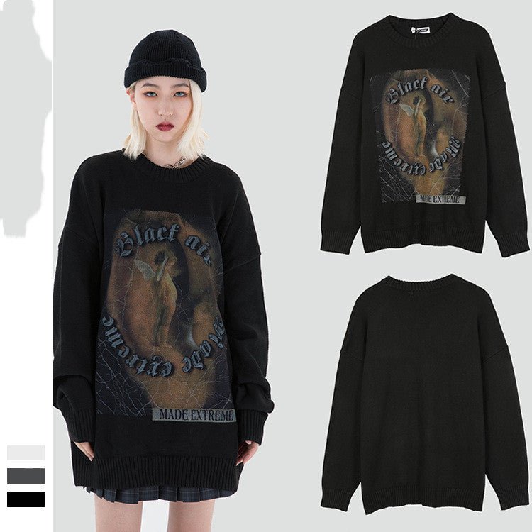 best High Street Retro Printed Sweater Men's Trendy Brand Design Sense Loose Knitted Top 0 shop online at M2K Trends for