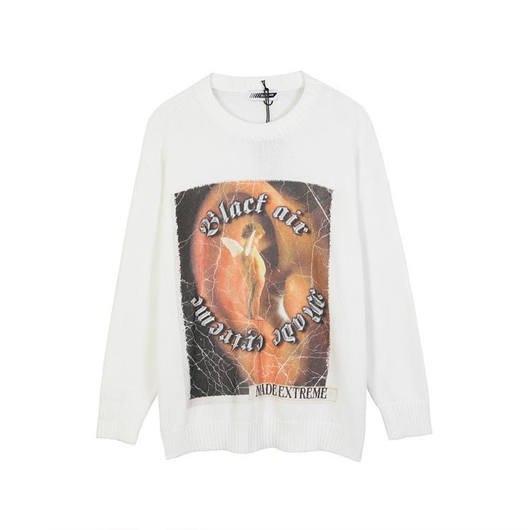 best High Street Retro Printed Sweater Men's Trendy Brand Design Sense Loose Knitted Top 0 shop online at M2K Trends for