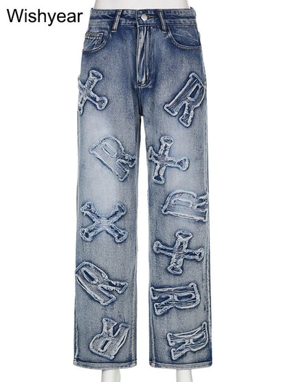 best High Waist Letter Ripped Jeans Fashion Women Winter Straight Trousers Denim Baggy Pants Spring Ladies Y2K Streetwear Wholesale shop online at M2K Trends for