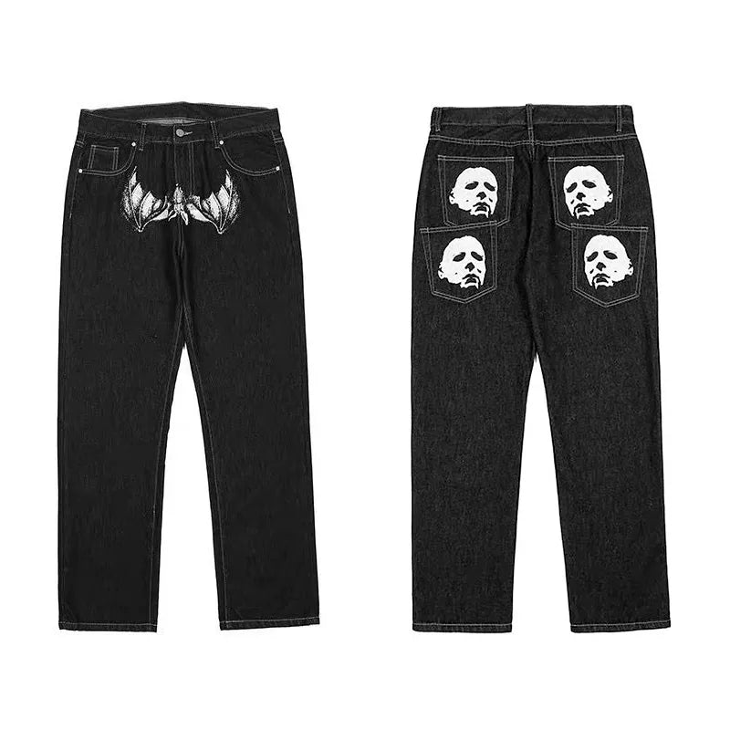 best Hip Hop Printed Jeans Men Baggy Black Denim Trousers Straight Pants Spring Fashion Korean Streetwear Male Bottoms Y2K Clothes shop online at M2K Trends for