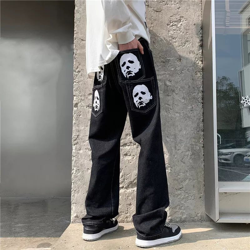 best Hip Hop Printed Jeans Men Baggy Black Denim Trousers Straight Pants Spring Fashion Korean Streetwear Male Bottoms Y2K Clothes shop online at M2K Trends for