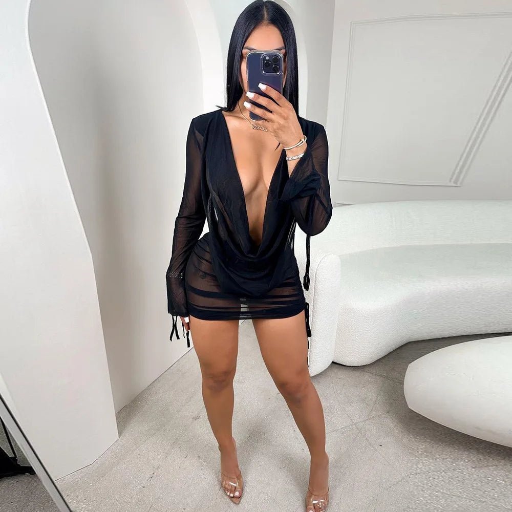 best hirigin Deep V Neck Sexy Mini Mesh Dress Women Party Outfit 2023 Black See Through Long Sleeve Spring Club Bodycon Dress shop online at M2K Trends for