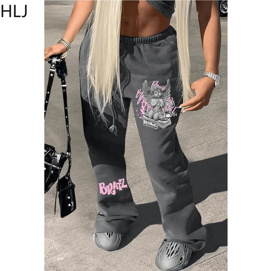 best HLJ Fall Pattern Printing Sweatpants Women Fashion High Waisted Drawstring Jogger Pants Casual Female Sporty Trousers Streetwear shop online at M2K Trends for