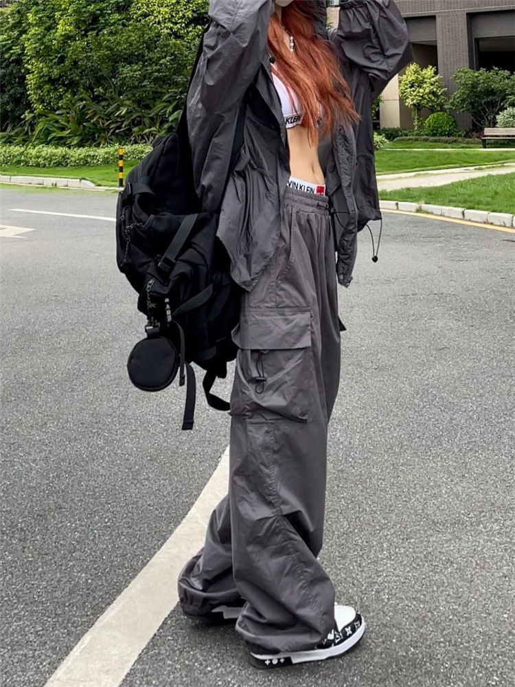 best HOUZHOU Y2K Parachute Pants Women Hippie Streetwear Oversize Pockets Cargo Trousers Harajuku Techwear Wide Pantalone Egirl Style 0 shop online at M2K Trends for