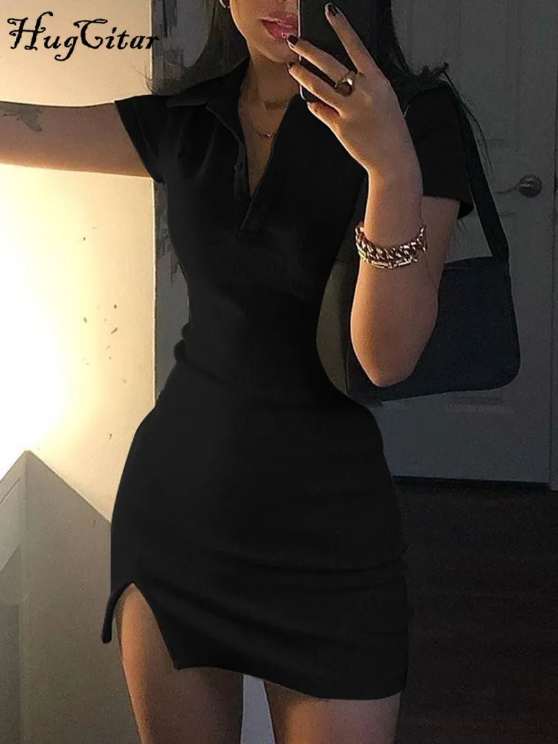 best Hugcitar 2021 Short Sleeve Slit Sexy Mini Dress Summer Women Fashion Streetwear Outfits Cute Solid Y2K Party Clothing shop online at M2K Trends for