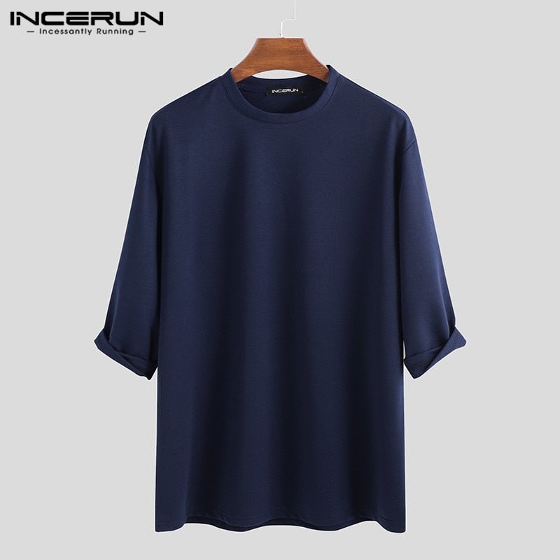 best INCERUN Fashion Men Casual T Shirt Plain Cotton 3/4 Sleeve Crew Neck 2023 Baggy T-shirts Streetwear Camiseta Masculina Plus Size 0 shop online at M2K Trends for