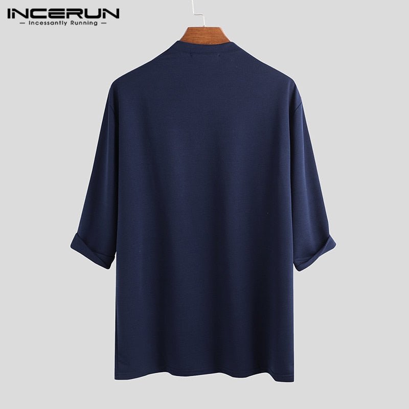 best INCERUN Fashion Men Casual T Shirt Plain Cotton 3/4 Sleeve Crew Neck 2023 Baggy T-shirts Streetwear Camiseta Masculina Plus Size 0 shop online at M2K Trends for