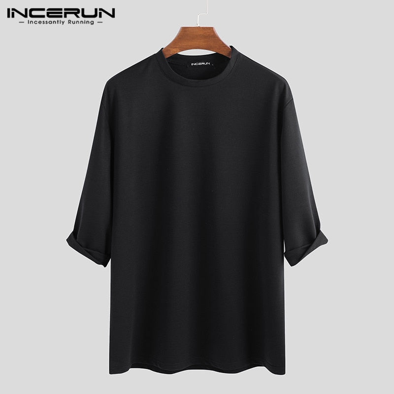 best INCERUN Fashion Men Casual T Shirt Plain Cotton 3/4 Sleeve Crew Neck 2023 Baggy T-shirts Streetwear Camiseta Masculina Plus Size 0 shop online at M2K Trends for