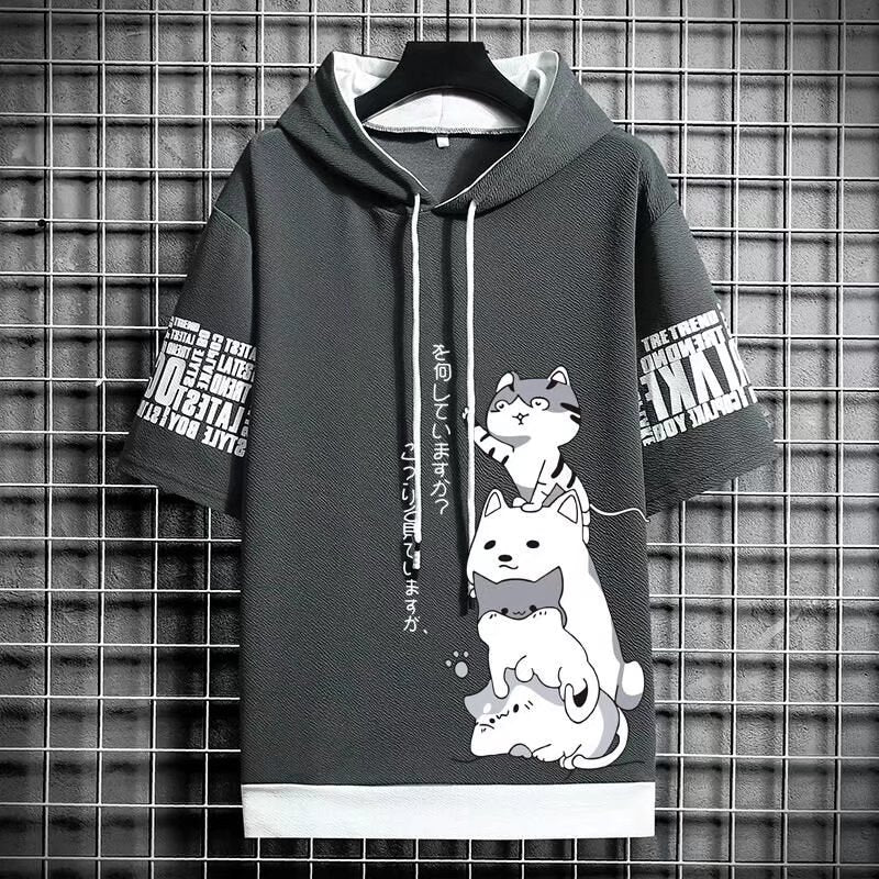 best Japan Fashion Men's Hoodies Summer Men Clothing Cartoon Short Sleeve Sweatshirts Men Casual Harajuku Streetwear Print Hooded Top 0 shop online at M2K Trends for