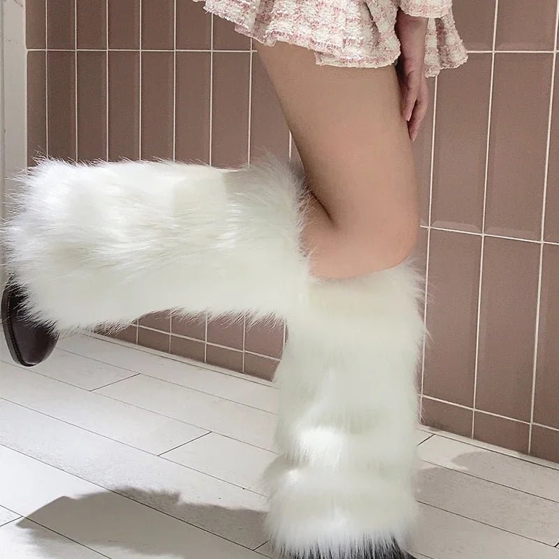 best Japanese White Faux Fur Leg Warmers Boot Covers Y2K Goth Solid Leg Socks Punk Jk Knee-length Hiphop Hotgirl Fashion Warm Sock shop online at M2K Trends for