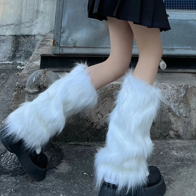 best Japanese White Faux Fur Leg Warmers Boot Covers Y2K Goth Solid Leg Socks Punk Jk Knee-length Hiphop Hotgirl Fashion Warm Sock shop online at M2K Trends for