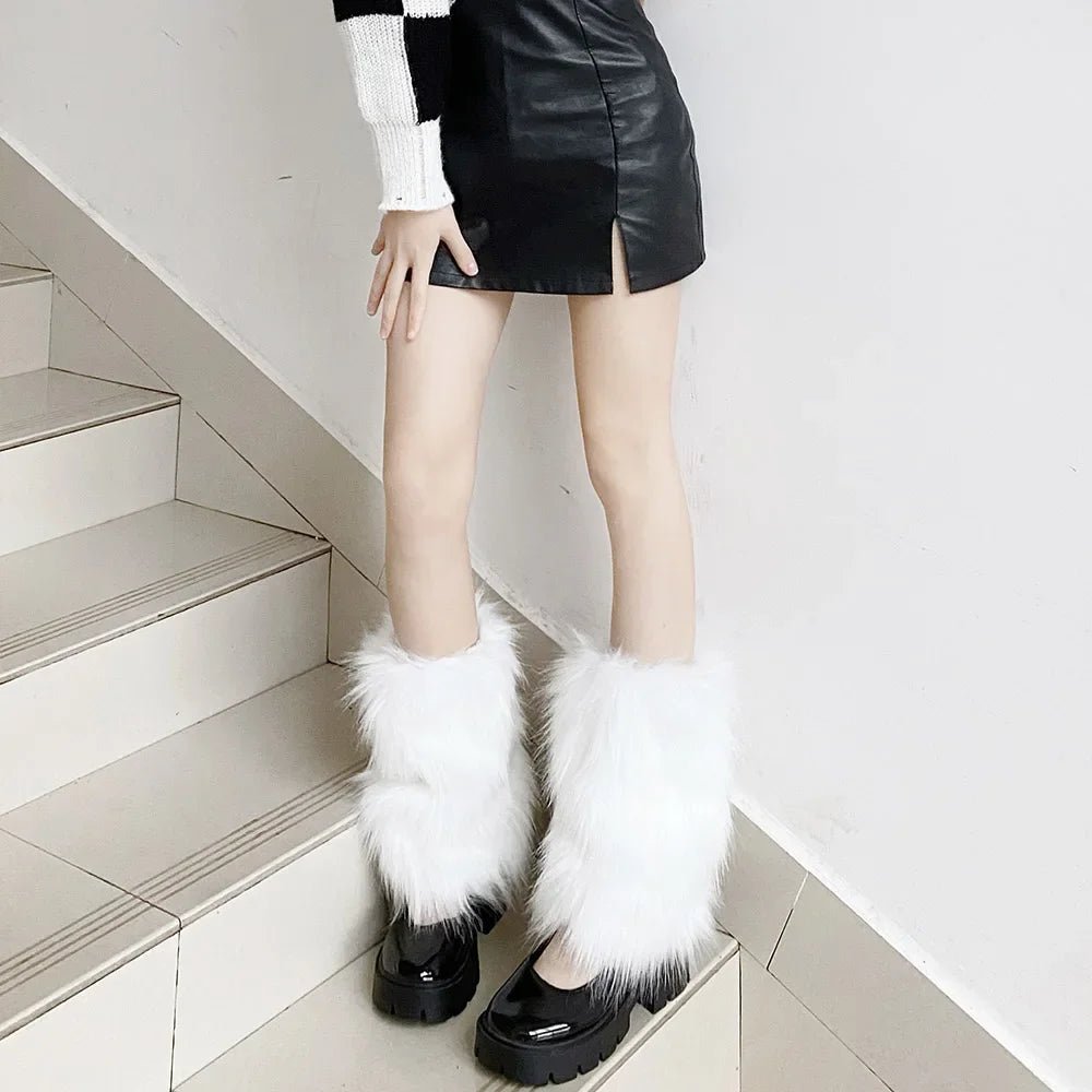 best Japanese White Faux Fur Leg Warmers Boot Covers Y2K Goth Solid Leg Socks Punk Jk Knee-length Hiphop Hotgirl Fashion Warm Sock shop online at M2K Trends for