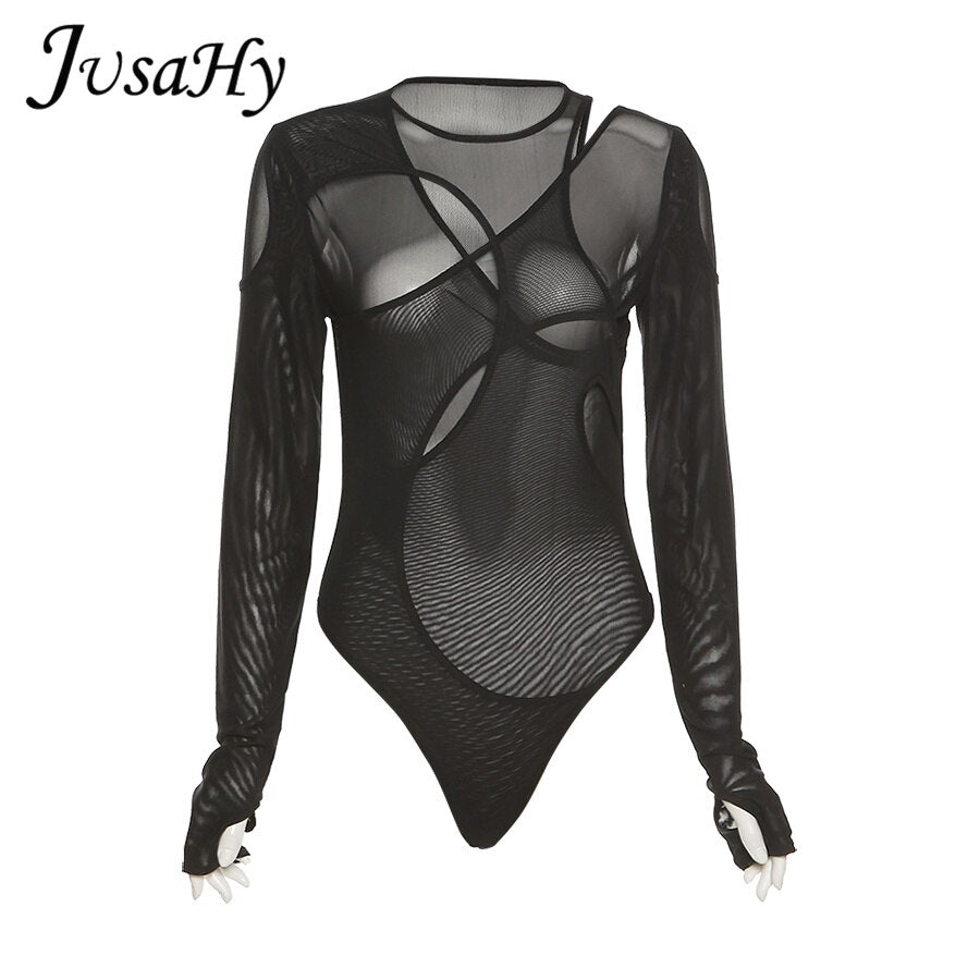 best JuSaHy Mesh See Through Women's Bodysuit Soild Fashion Asymmetric Neck Long Sleeves Sexy Party Clubwear Female Summer Rompers 0 shop online at M2K Trends for