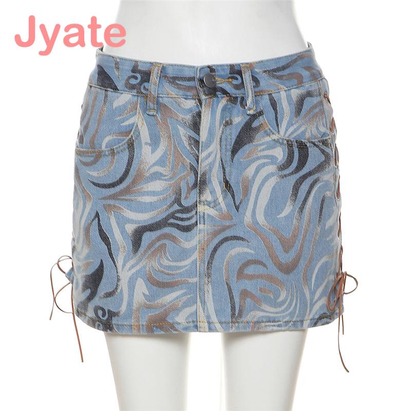 best Jyate Graphic Print Denim Skirts Women Summer Low Waist Lace Up Y2k Streetwear Mini Skirt Female Sexy Grunge Aesthetic Clothes 0 shop online at M2K Trends for