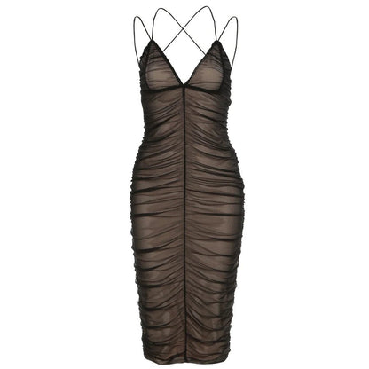 best Kliou Ruched Maxi Dress Women 2021 Summer Sexy V-Neck Mesh Camisole Skirt Vestidos Bodycon Beach Style Hot Party Clubwear Y2K shop online at M2K Trends for