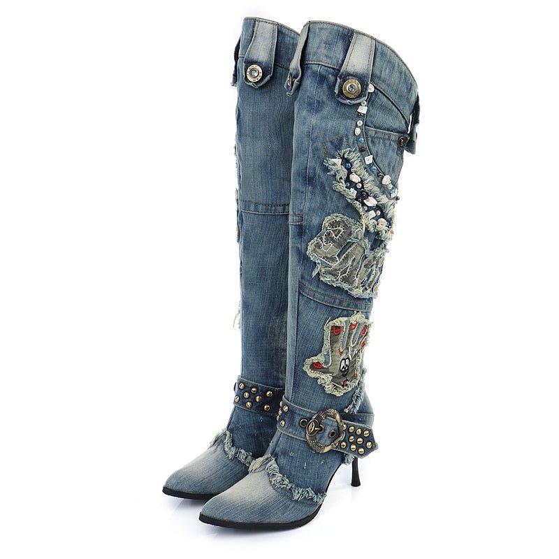 best KNCOKAR New Blue Denim Water Wash Knee High Stiletto Heels Pumps Cowboy Women's Shoes High Heels Jean Knight Boots 0 shop online at M2K Trends for