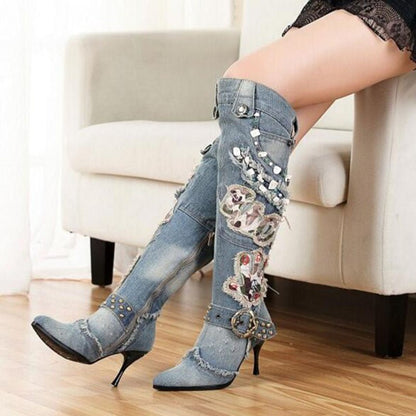 best KNCOKAR New Blue Denim Water Wash Knee High Stiletto Heels Pumps Cowboy Women's Shoes High Heels Jean Knight Boots 0 shop online at M2K Trends for