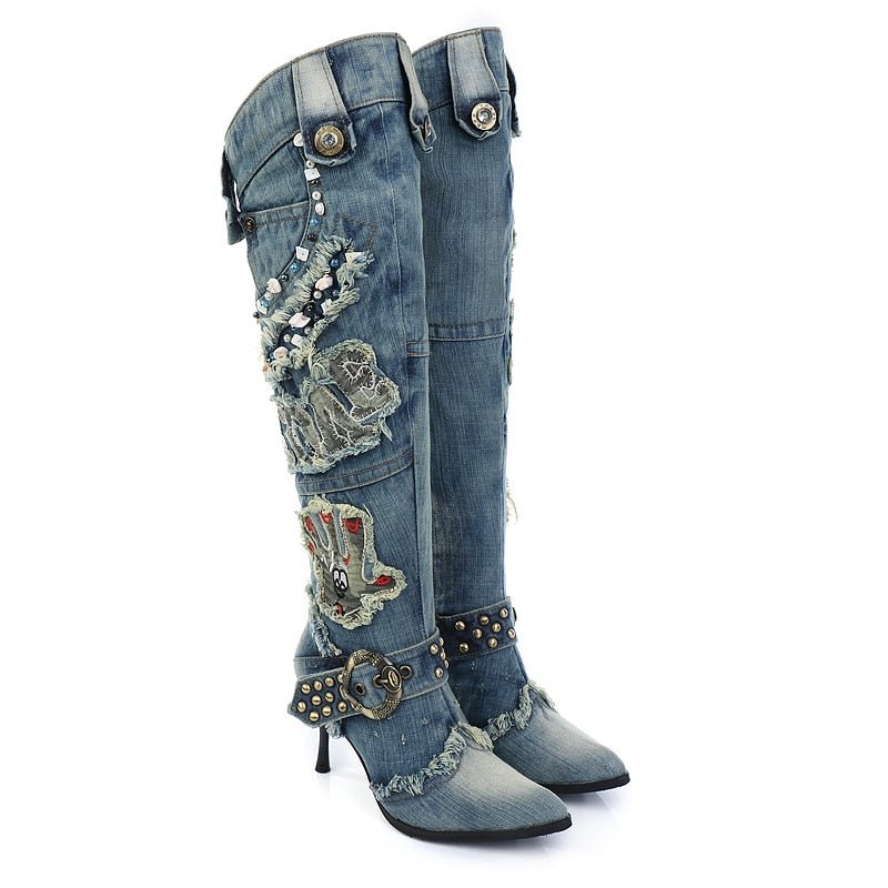 best KNCOKAR New Blue Denim Water Wash Knee High Stiletto Heels Pumps Cowboy Women's Shoes High Heels Jean Knight Boots 0 shop online at M2K Trends for