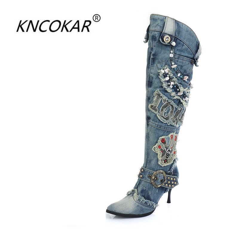 best KNCOKAR New Blue Denim Water Wash Knee High Stiletto Heels Pumps Cowboy Women's Shoes High Heels Jean Knight Boots 0 shop online at M2K Trends for