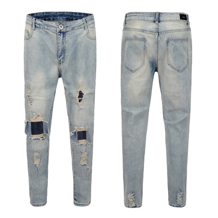 best Knee damage ripped blue washed distressed men's jeans 0 shop online at M2K Trends for