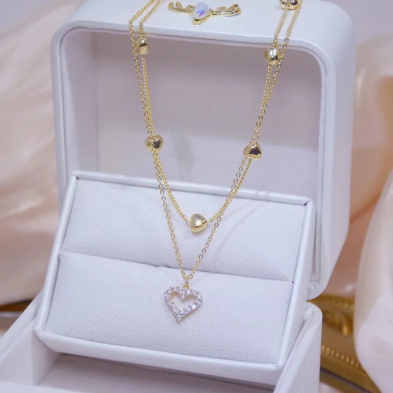best Korean Double Layer Heart Necklace Shiny Bling Zircon For Women Clavicle Chain Elegant Charm Wedding Pendant Choker Jewelry Gift shop online at M2K Trends for