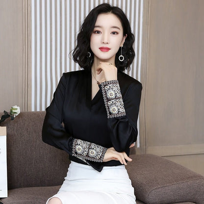 best Korean Silk Women Shirts Women Satin Blouse Shirt Elegant Woman Long Sleeve Embroidery Blouses Green Womens Tops and Blouses 0 shop online at M2K Trends for