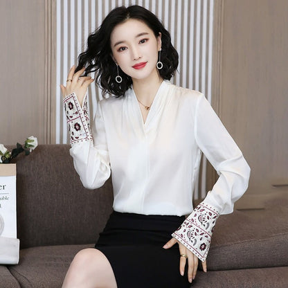 best Korean Silk Women Shirts Women Satin Blouse Shirt Elegant Woman Long Sleeve Embroidery Blouses Green Womens Tops and Blouses 0 shop online at M2K Trends for