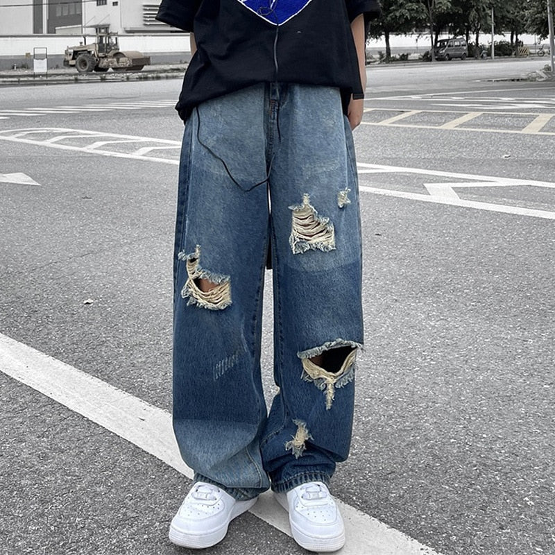 best Korean version of ins hip-hop high street hipsters distressed old ripped straight jeans men casual wild loose wide-leg trousers 0 shop online at M2K Trends for