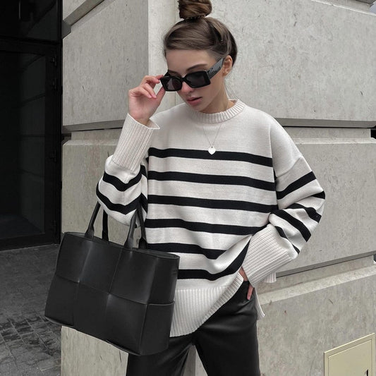 best Ladies Autumn Winter Striped Knitted Loose Sweater Women Pullover Tops Long Sleeve O Neck Casual Streetwear Women Sweater Female Hoodie Sweatshirts shop online at M2K Trends for Ladies Autumn Winter Striped Knitted Loose Sweater Women Pullover Tops Long Sleeve O Neck Casual Streetwear Women Sweater Female