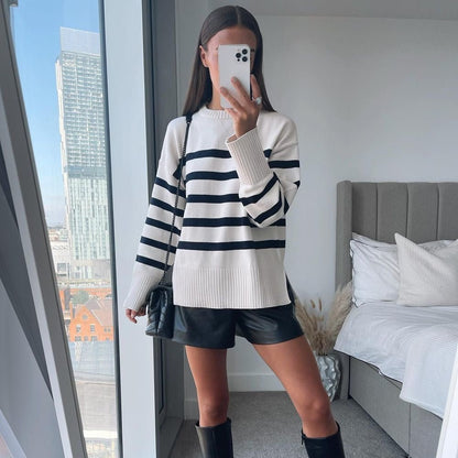 best Ladies Autumn Winter Striped Knitted Loose Sweater Women Pullover Tops Long Sleeve O Neck Casual Streetwear Women Sweater Female Hoodie Sweatshirts shop online at M2K Trends for Ladies Autumn Winter Striped Knitted Loose Sweater Women Pullover Tops Long Sleeve O Neck Casual Streetwear Women Sweater Female