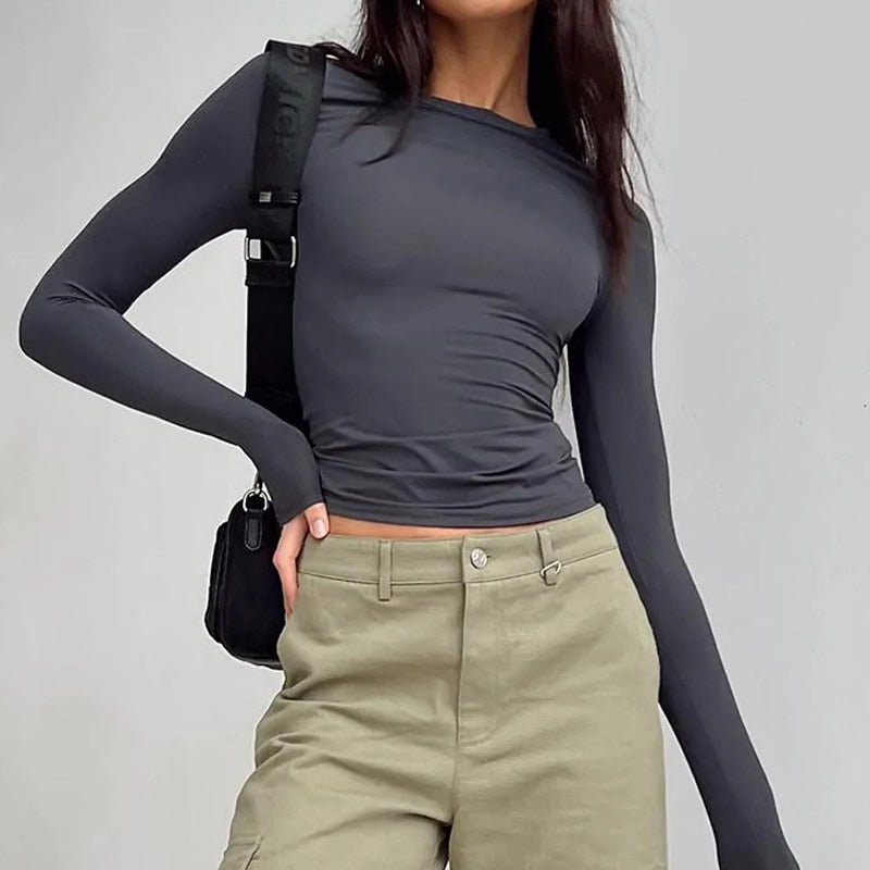 best Long Sleeve Y2K Slim Fit Shirt Women Casual Streetwear Basic Tee Fashion Cropped Tops O Neck Sexy Skinny Solid Ladies T Shirts 0 shop online at M2K Trends for