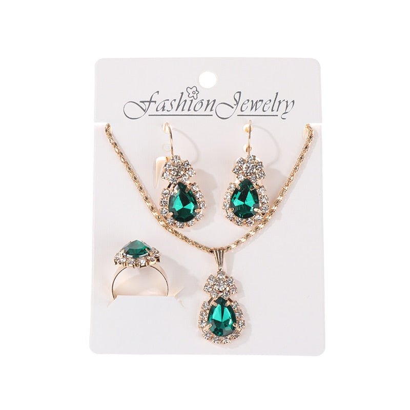 best Luxury Original 18k gold earrings Gold Plated Jewelry Sets Fashion Women Bridal Water Drop Green Stone Necklace Earrings Sets Accessories shop online at M2K Trends for