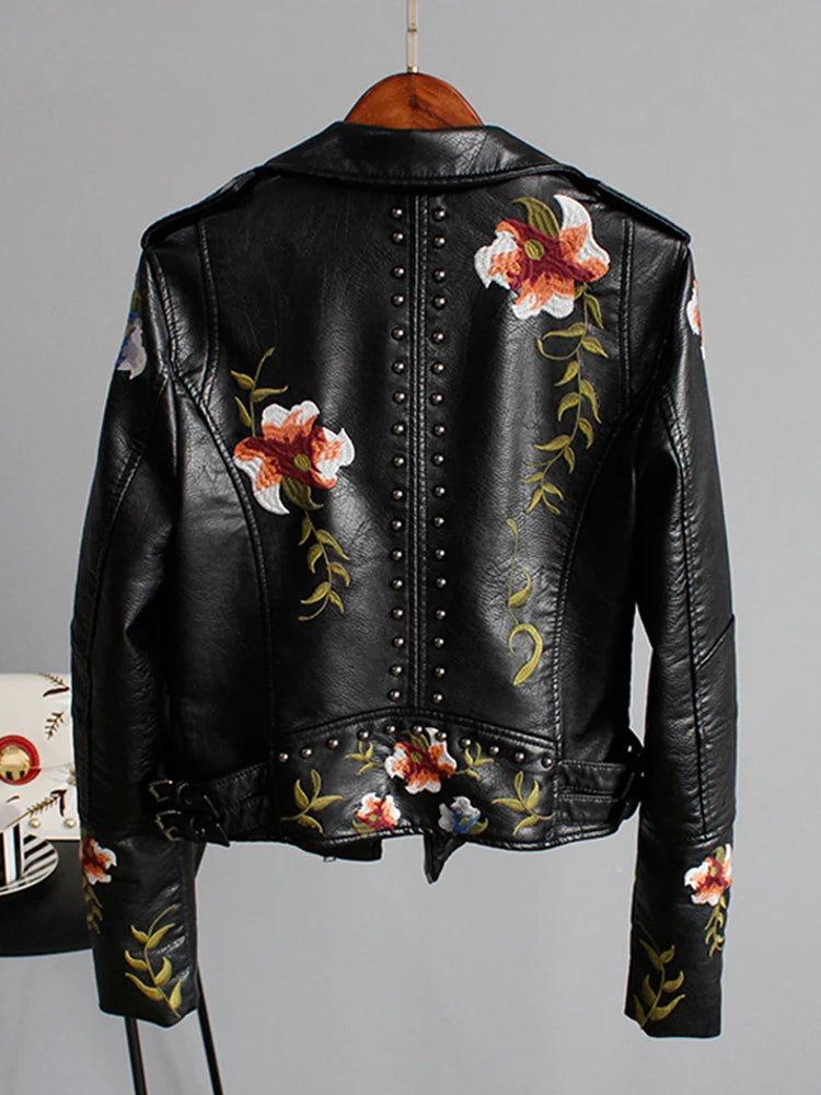 best Ly Varey Lin Floral Print Embroidery Faux Soft Leather Jacket Women Pu Motorcycle Coat Female Black Punk Zipper Rivet Outerwear shop online at M2K Trends for