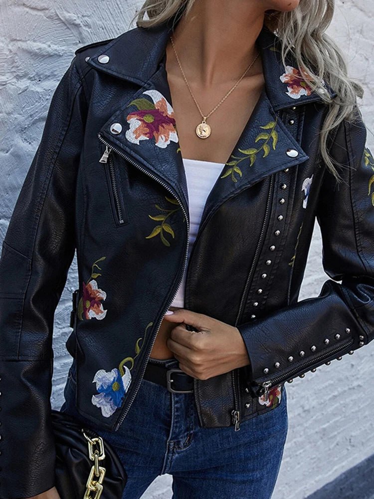best Ly Varey Lin Floral Print Embroidery Faux Soft Leather Jacket Women Pu Motorcycle Coat Female Black Punk Zipper Rivet Outerwear shop online at M2K Trends for