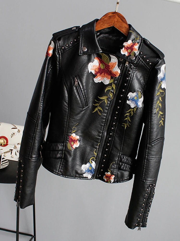 best Ly Varey Lin Floral Print Embroidery Faux Soft Leather Jacket Women Pu Motorcycle Coat Female Black Punk Zipper Rivet Outerwear shop online at M2K Trends for