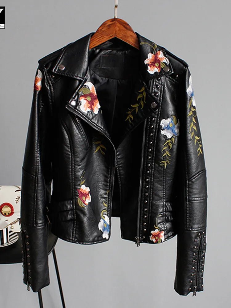 best Ly Varey Lin Floral Print Embroidery Faux Soft Leather Jacket Women Pu Motorcycle Coat Female Black Punk Zipper Rivet Outerwear shop online at M2K Trends for