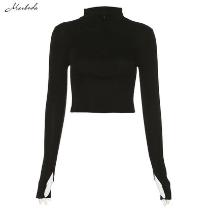 best Macheda Casual y2k Clothes Crop Top Long Sleeve Women Korean Fashion Ribbed Knitted Zipper T-shirts Vintage Streetwear Tops Tees shop online at M2K Trends for