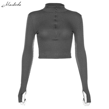 best Macheda Casual y2k Clothes Crop Top Long Sleeve Women Korean Fashion Ribbed Knitted Zipper T-shirts Vintage Streetwear Tops Tees shop online at M2K Trends for