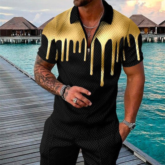 best Men's Summer Fashion 3D Printed Short Sleeve Geometric Zip Lapel Shirt Set Clothing shop online at M2K Trends for