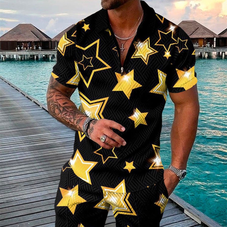 best Men's Summer Fashion 3D Printed Short Sleeve Geometric Zip Lapel Shirt Set Clothing shop online at M2K Trends for