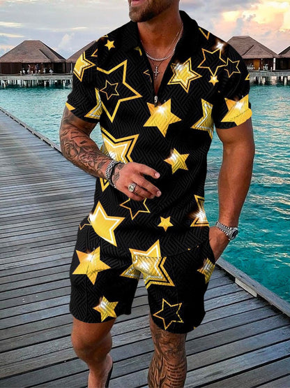 best Men's Summer Fashion 3D Printed Short Sleeve Geometric Zip Lapel Shirt Set Clothing shop online at M2K Trends for